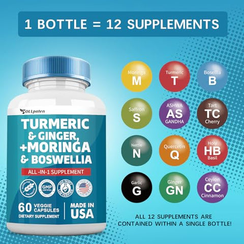 OLLpaten - Turmeric Curcumin 30000mg Moringa 50000mg Ginger 3000mg Boswellia 3000mg Saffron 2000mg – Suplemento All-in-One para Mulheres e Homens com Quercetina, Cereja Tart, 60 Cápsulas