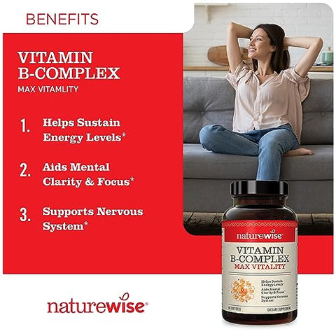 Complexo de Vitamina B para Mulheres e Homens – com Ácido Fólico Biotina B1 B2 B3 B6 B12 – Suporte à Energia Celular - NatureWise