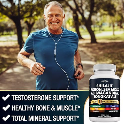 Shilajit 10,000mg com Sea Moss 6000mg, Ashwagandha 6000mg, Tongkat Ali, Boron, Magnésio – Cápsulas de Ácido Fúlvico para Homens – 180 Unidades - NEW AGE