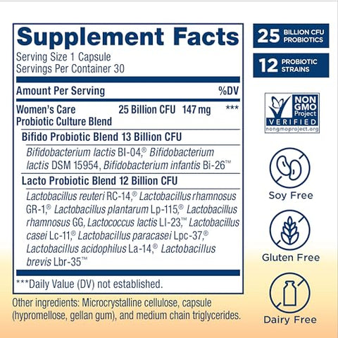 Cápsulas Probióticas para Mulheres, Equilíbrio de pH, Saúde Vaginal, Urinária, Digestiva e Imunológica, L. Rhamnosus GG, Livre de Laticínios, Soja e Glúten, 25 Bilhões de UFC - Renew Life