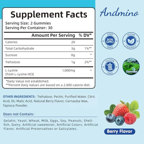 andmino - L-Lysine Gummies 1000 mg com Trehalose – Gomas de L Lisina para os Lábios | Marca: L-Lysine Gummies