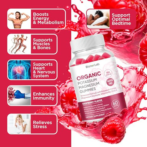 BionerLab - Gomas de Potássio Magnésio com Vitamina D3 B6 C – Alta Absorção Potássio 99mg Magnésio Glicinato 250mg Suplementos Mastigáveis para Mulheres Homens Adultos Crianças