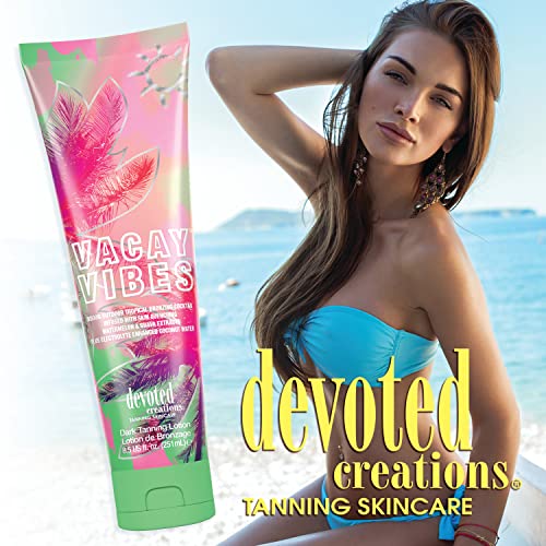 Vacay Vibes Loção Bronzeadora – Cocktail Bronzeador Tropical para Uso Interno/Externo Infundido com Extratos Hidratantes de Melancia e Goiaba, Enriquecido com Eletrólitos – 200ml - Devoted Creations