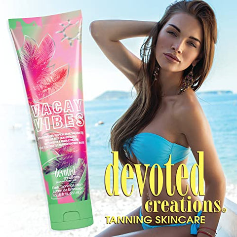 Vacay Vibes Loção Bronzeadora – Cocktail Bronzeador Tropical para Uso Interno/Externo Infundido com Extratos Hidratantes de Melancia e Goiaba, Enriquecido com Eletrólitos – 200ml - Devoted Creations