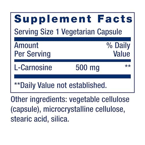Carnosine – Envelhecimento Saudável, Recuperação de Exercícios, Sem Glúten, Não-OGM, Vegetariano, 60 Cápsulas - Life Extension
