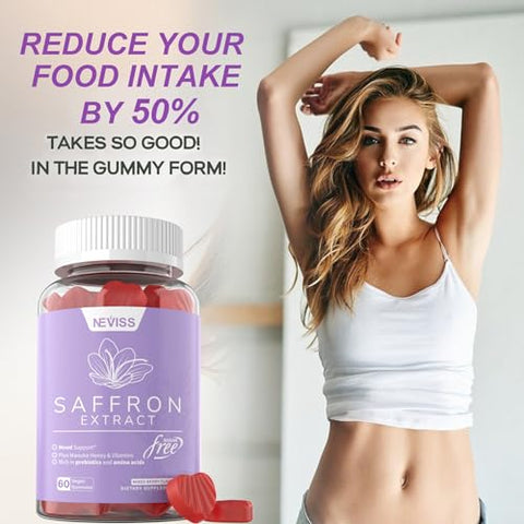 NEVISS - Gummies de Açafrão – Gummies de Suplemento de Açafrão 100% Extrato Puro de Açafrão em Gummies de Ervas Inteiras com Mel para o Humor