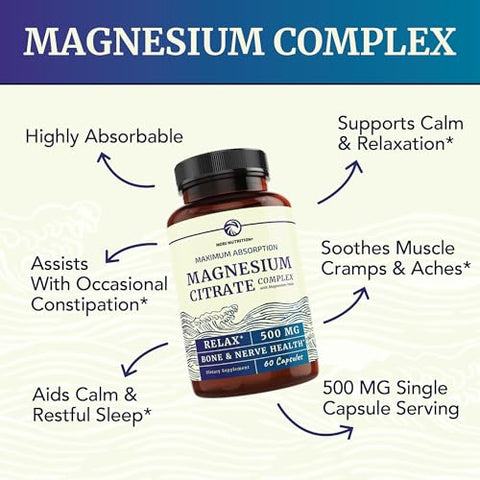 Nobi Nutrition - Complexo de Citrato de Magnésio 500 MG para Calma, Relaxamento, Constipação : Magnesium Citrate Complex – 500mg – 60 Cápsulas