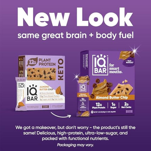 Generic - IQ BAR, Barra de Proteína Vegetal para o Cérebro e o Corpo – Amêndoa com Manteiga de Amendoim – 12 Unidades, Baixo Carboidrato, Alto Teor de Fibras, Sem Glúten, Lanche Vegano – Barras Energéticas com Baixo Teor de Açúcar para Dieta Keto