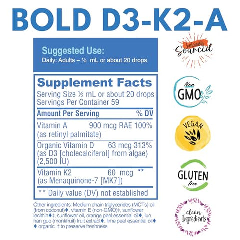 Bold Botanica - D3-K2-A: Complexo de Vitaminas Líquidas Veganas, Vitamina D3 de Algas Orgânicas com Vitamina K2 (MK7) e Vitamina A para Suporte Imunológico, Sabor Natural de Laranja, Delicioso, 30 ml