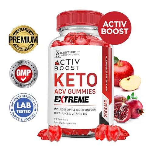 Justified Laboratories - Activboost Keto ACV Gummies Extreme 2000MG – Gummies de Maçã com Vinagre de Maçã, Pomegranate, Beterraba, B12 – Vegan, Não GMO – 60 Gummys