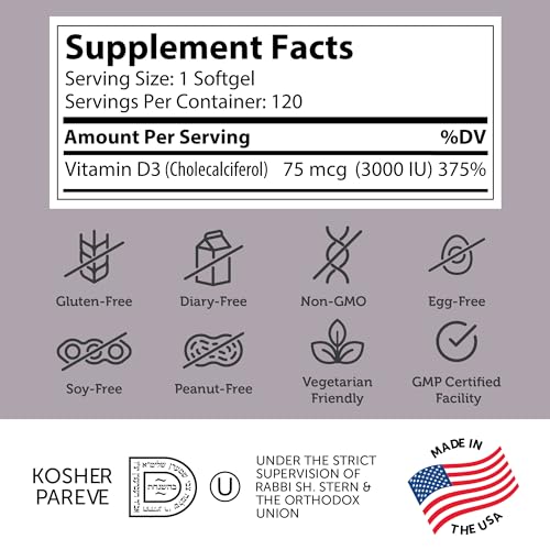 Vitamina D3 Avançada 3000 UI Softgels (120 Unidades) Kosher Vegetariano Amigável Vitamina D para Suporte Imunológico, Ossos, Dentes - Zahler