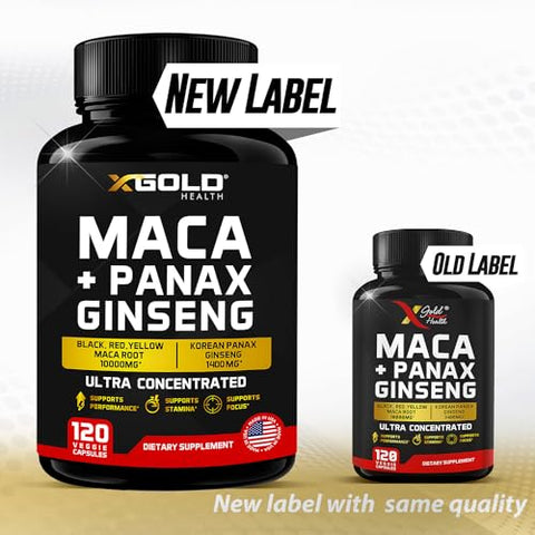 X Gold Health - Cápsulas de Raiz de Maca 10.000mg Ginseng Coreano Panax 1.400mg – Extrato Concentrado 20x Maca Preta Vermelha Amarela, Cápsulas de Extrato Concentrado 10x Ginseng Panax – Ultra
