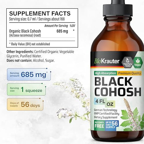 BIO KRAUTER - Tintura de Raiz de Cohosh Preto – Suporte para Mulheres com Suplementos Veganos de Cohosh Preto – Extrato Líquido de Cohosh Preto – Tintura de Cohosh Preto 118 ml – Livre de Álcool e Açúcar
