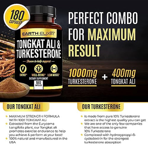 Earth Elixir - Turkesterone 1000mg e Tongkat Ali 400mg – 180 Cápsulas – Fabricado nos EUA – Máxima Pureza – Extrato de Tongkat Ali e Turkesterone para Homens – Sem Preenchedores – Não-OGM