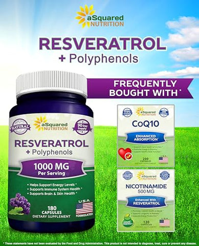 Resveratrol Natural com Extrato de Vinho Tinto – 180 Cápsulas – Suplemento Antioxidante Trans Resveratrol para Saúde do Coração Puro – Extra Forte - aSquared Nutrition