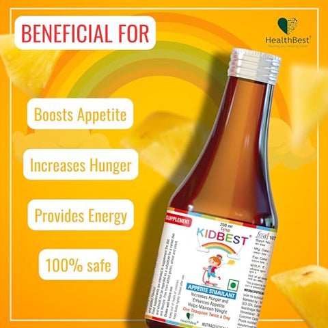 HealthBest - Kidbest Xarope Estimulante de Apetite para Crianças de 3 a 13 Anos | Aumenta o Apetite | Ajuda a Manter o Peso | Livre de Glúten | L-Lisina HCI, Vitaminas B1, B2, B6, B12 | 200 ml