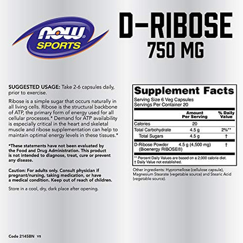 NOW Foods - NOW Sports Nutrition, D-Ribose 750 mg: Energia Certificada Não-OGM, 120 Cápsulas Vegetais