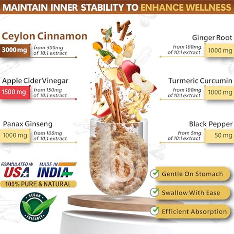 Herbpy - 6in1 Suplementos Premium de Canela do Ceilão 7550mg + Vinagre de Maçã, Cúrcuma, Gengibre, Ginseng Panax