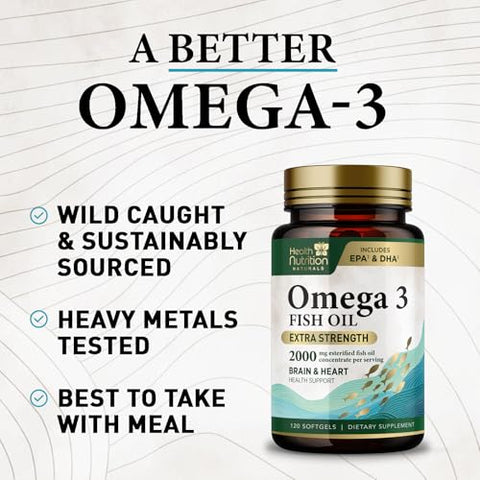 Health Nutrition Naturals - Óleo de Peixe Ômega 3 2000mg Triplo Forte Cápsulas de Liberação Rápida, Suplementos de Ômega-3, Saúde Natural do Cérebro, Coração e Articulações
