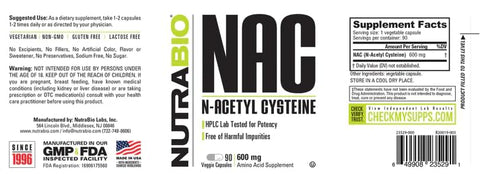 N-Acetyl Cysteine (NAC) – 90 Cápsulas, 600mg Cada – Poderoso Antioxidante – Suporte Imunológico – Aumenta Glutationa - NutraBio