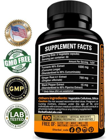 HCL HERBAL CODE LABS - Curcuma com Gengibre – 1750mg de 95% Curcuminoides e Extrato de Gengibre – Cápsulas Fortes de Suporte Natural para as Articulações – Suporte Antioxidante – 90 Caps