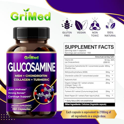 Glucosamina 12.000mg – X12 Power com MSM, Condroitina, Colágeno, Cúrcuma para Saúde das Articulações, Ossos Fortes, Suporte à Cartilagem – Fabricado nos EUA - GriMed