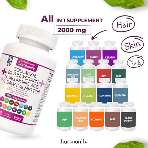 HARMONIFY - Complexo de Colágeno Biotina Queratina Saw Palmetto Ácido Hialurônico com Vitamina E, Ácido Fólico, Semente de Abóbora e MSM, Cabelo Pele