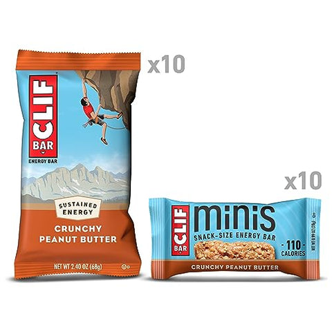 Clif Bar - CLIF BAR – Barras Energéticas Crocantes de Manteiga de Amendoim – Tamanho Grande e Mini – Feitas com Aveia Orgânica – Não-OGM – Baseadas em Plantas – 68g e 28g (20 Unidades)