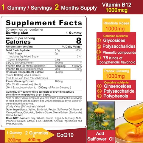 NEVISS - Gomas Preenchidas de CoQ10-200mg 400mg sem Açúcar – 4 Meses de Fornecimento – c/ 2000mg de Rhodiola