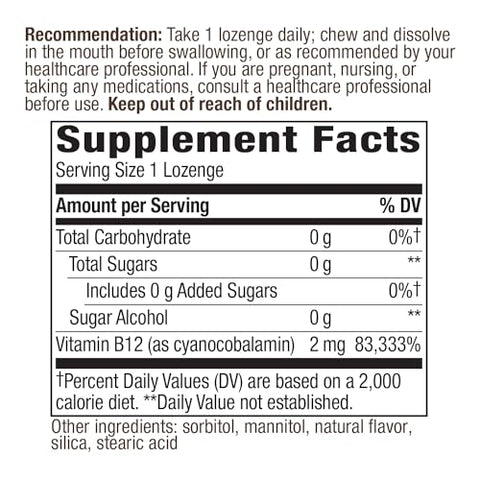 Nature's Way - Nature’s Way Lozenge Vitamina B12, 2.000 mcg por Porção, 100 Unidades