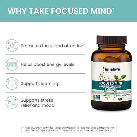 Focused Mind com Ashwagandha e Bacopa – Melhore sua Concentração e Foco Mental | 60 cápsulas | 100% Natural - Himalaya