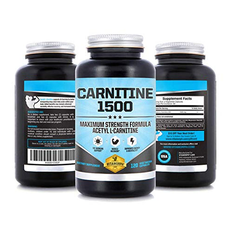 Vitamorph - Carnitina 1500 – Suplemento de Carnitina Acetil L-Carnitina 1500mg de Força Máxima – Suporta Energia, Memória, Foco e Gerenciamento de Perda de Peso – 120 Cápsulas Vegetarianas
