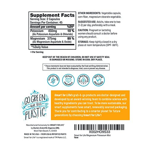 Smart for Life - SMART FOR LIFE Suplemento de Potássio e Magnésio – Complexo de Magnésio de Alta Absorção – 90 Cápsulas Veganas – Suplemento de Magnésio e Potássio para Saúde Vascular, Magnésio para Pernas