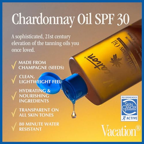 VACATION - Óleo Bronzeador Vegano Vacation Chardonnay SPF 30 + Odorizador de Ar, Proteção Solar de Amplo Espectro, Livre de Oxybenzone e Octinoxate, Tamanho de Viagem Aprovado pela TSA, 30ml