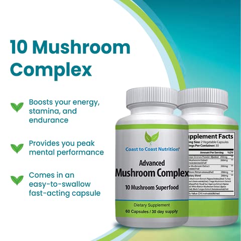Coast to Coast Nutrition - Complexo Avançado de Cogumelos – Lion’s Mane, Reishi, Cordyceps, Chaga, Turkey Tail, Maitake 10X Mistura de Cogumelos Superfood – Suporte Imunológico