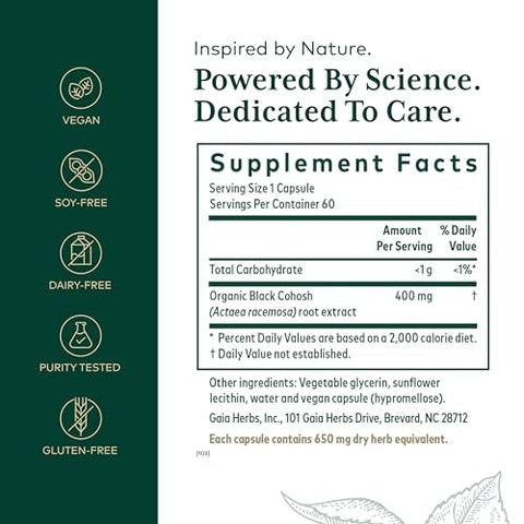 Pro Black Cohosh – Suporte para Menopausa – Equilíbrio Hormonal para Mulheres – com Black Cohosh – 60 Cápsulas Líquidas Veganas de Fitoterápicos (60 Porções) - Gaia Herbs