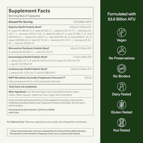 DS-01 Daily Synbiotic – Prebiótico e Probiótico (60 Cápsulas) – 53,6 Bilhões de AFU – Saúde Digestiva, Saúde Intestinal e Saúde Imunológica – Probióticos Multicéfalos para Mulheres - Seed