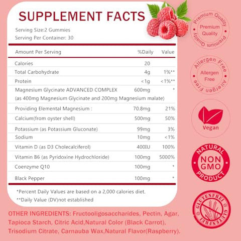 KangRiXin - Magnésio Glicinato Gummies – Suplemento de Magnésio e Potássio sem Açúcar para Adultos e Crianças, Gummies de Magnésio de Alta Absorção com Malato de Magnésio Livre de Gelatina – 120 Framboesas