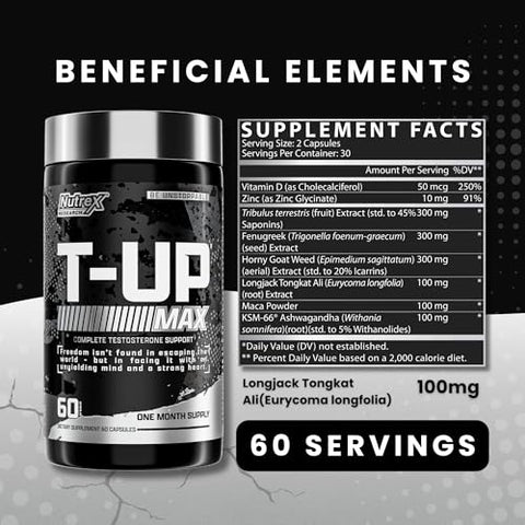 T-UP – Suplemento Aumentador de Testosterona para Homens – Aumente os Níveis, Potencialize a Força – 60 cápsulas - Nutrex Research