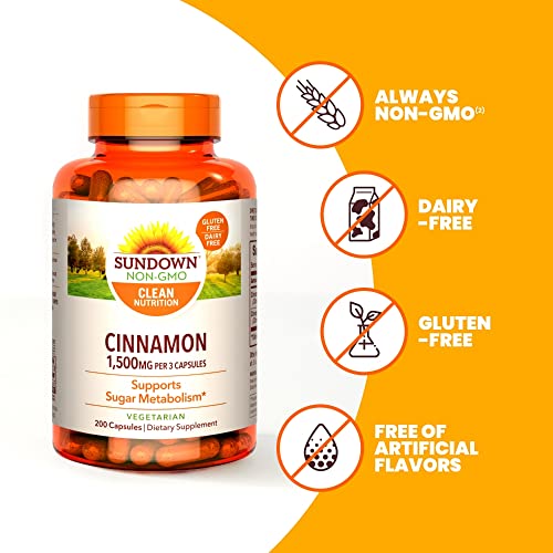 Cápsulas de Canela Sundown, Suporte ao Metabolismo do Açúcar, Sem OGM, Sem Glúten, Sem Lactose, 200 Unidades