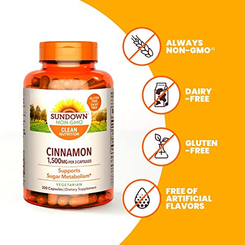 Cápsulas de Canela Sundown, Suporte ao Metabolismo do Açúcar, Sem OGM, Sem Glúten, Sem Lactose, 200 Unidades