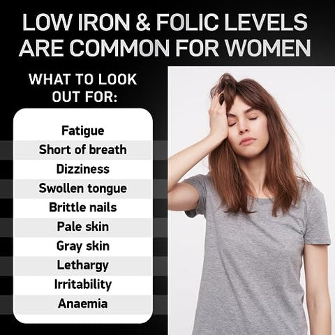 BIOACTIVE LABS - Suplemento de Ferro Vegano para Mulheres com Ácido Fólico – 168% Folate Folic Acid, 194% Sulfato Ferroso Construtor de Sangue em Comprimidos de Ferro para Mulheres com Anemia e Grávidas – 60
