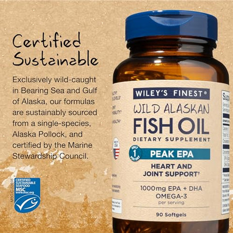 Wiley's Finest - Óleo de Peixe Selvagem do Alasca Wiley’s Finest Peak EPA – Triplo Forte EPA e DHA – 1000mg Ômega-3, Certificado SQF – 90 Cápsulas (90 Porções)