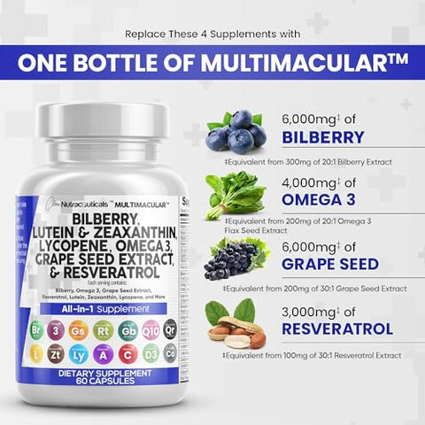 Clean Nutraceuticals - Vitaminas para a saúde ocular com Mirtilo 6000mg Luteína – Marca: Eye Health