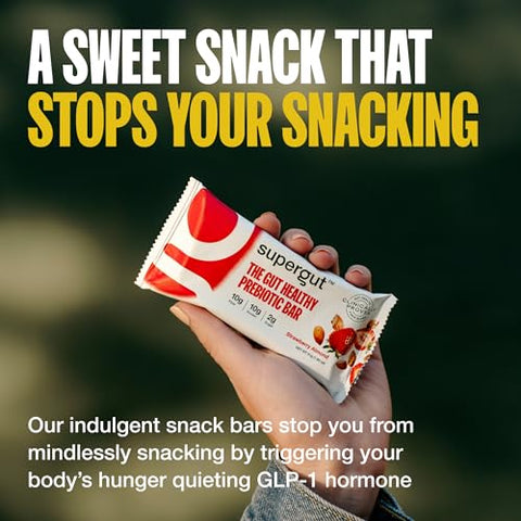 Barras Supergut Prebióticas | Substituto de Refeição | Estimula GLP-1 | Alta Fibra e Proteína | Sem Açúcar Adicionado | Alimento Keto, Refeição, Lanche (Morango Amêndoa, 12 Unidades)