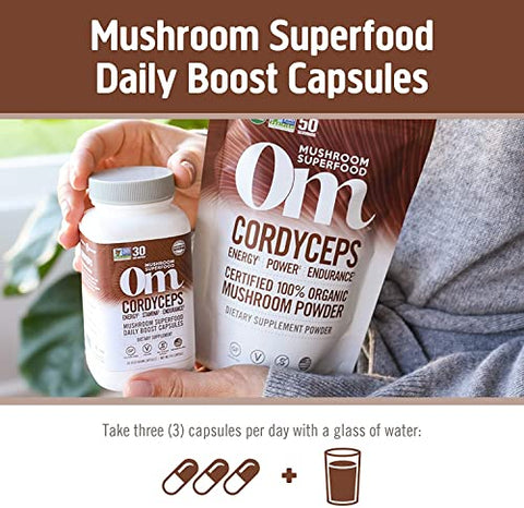 OM - Om Mushroom Superfood Cápsulas de Cogumelo Cordyceps, 90 Unidades, 30 Dias, Energia, Potência, Resistência e Suporte para Desempenho Esportivo