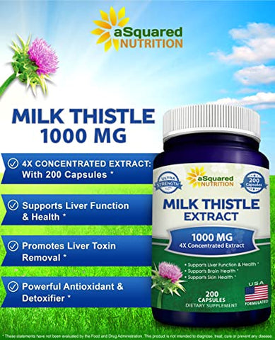 Cápsulas de Cardo de Leite 1000mg-200, Extrato Concentrado 4X 4:1 em Pó de Semente de Cardo de Leite, 1000mg de Extrato de Silimarina para o Fígado - aSquared Nutrition
