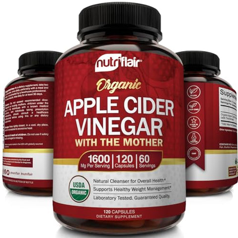 NutriFlair - Apple Cider Vinegar Capsules com The Mother – 120 Pílulas Veganas de ACV – Melhor Suplemento para Perda de Peso Saudável, Dieta, Keto, Digestão, Desintoxicação, Imunidade – Poderoso Limpador
