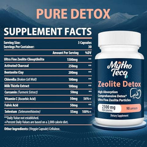 MythoTecq - Zeolite Detox 69,000 MG: Carvão Ativado, Limpeza e Desintoxicação do Fígado, Desintoxicação Completa do Corpo, Detox Rápido, Remoção Natural de Toxinas, Extrato de Cardo de Leite e Argila Bentonita para