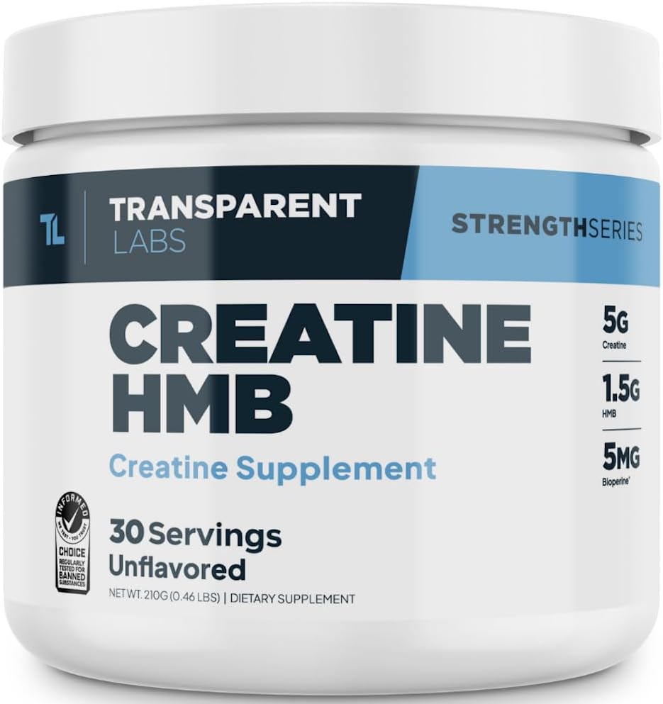 Creatine HMB – Pó de Monohidrato de Creatina com HMB para Crescimento Muscular, Aumento de Força, Energia Aprimorada e Desempenho Atlético Melhorado – 30g - Transparent Labs
